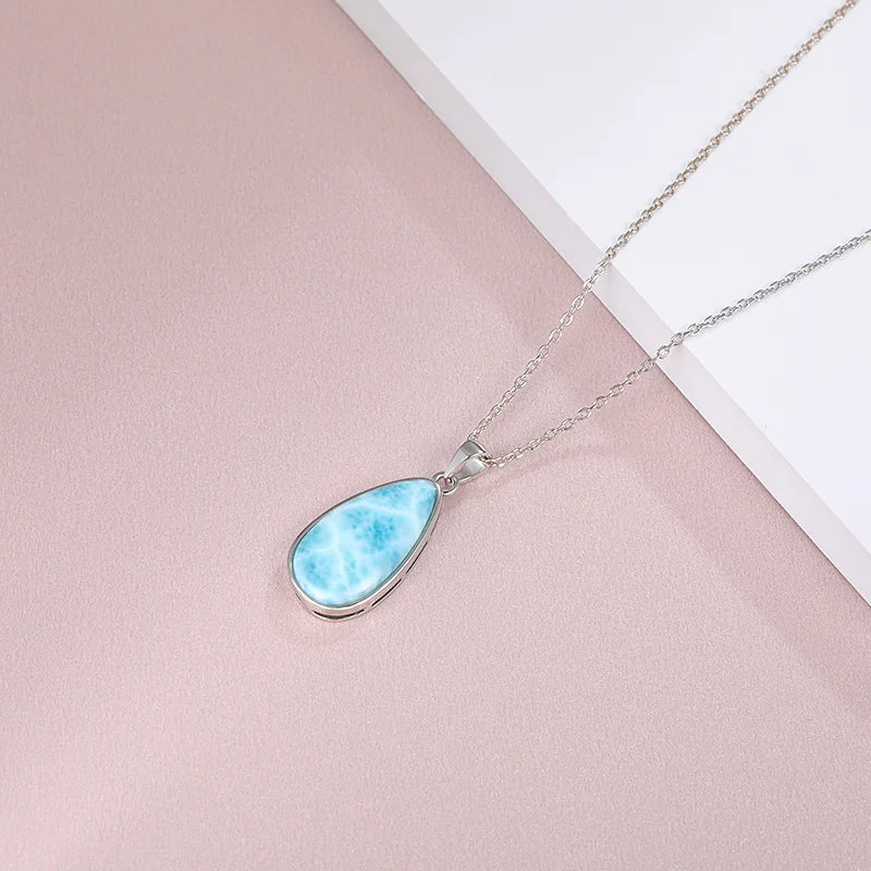 925 Sterling Silver Larimar Pendant Necklace – Classic Oval Charm, Rhodium Plated Gold Finish, Retro Women’s Jewelry Gift