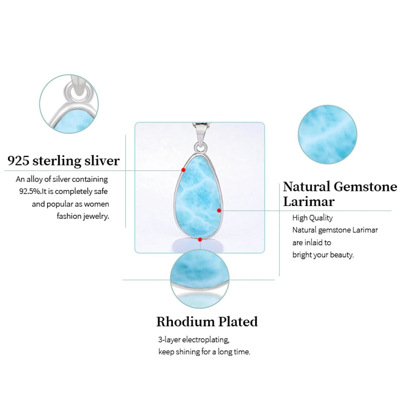 925 Sterling Silver Larimar Pendant Necklace – Classic Oval Charm, Rhodium Plated Gold Finish, Retro Women’s Jewelry Gift