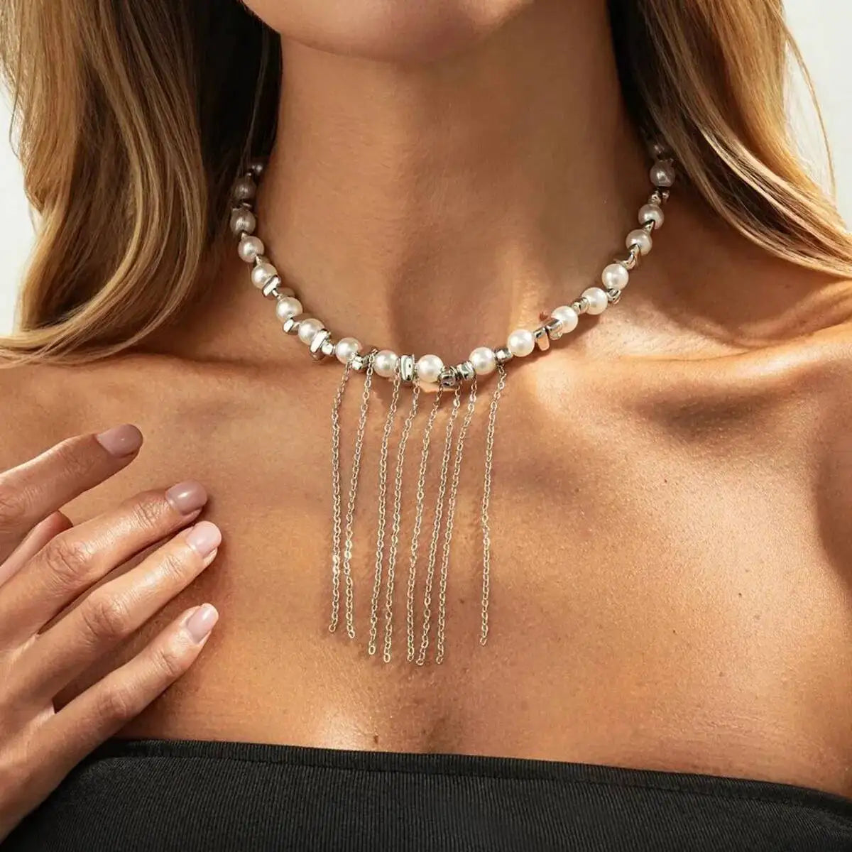 KunJoe Pearl Tassel Choker Necklace – Women