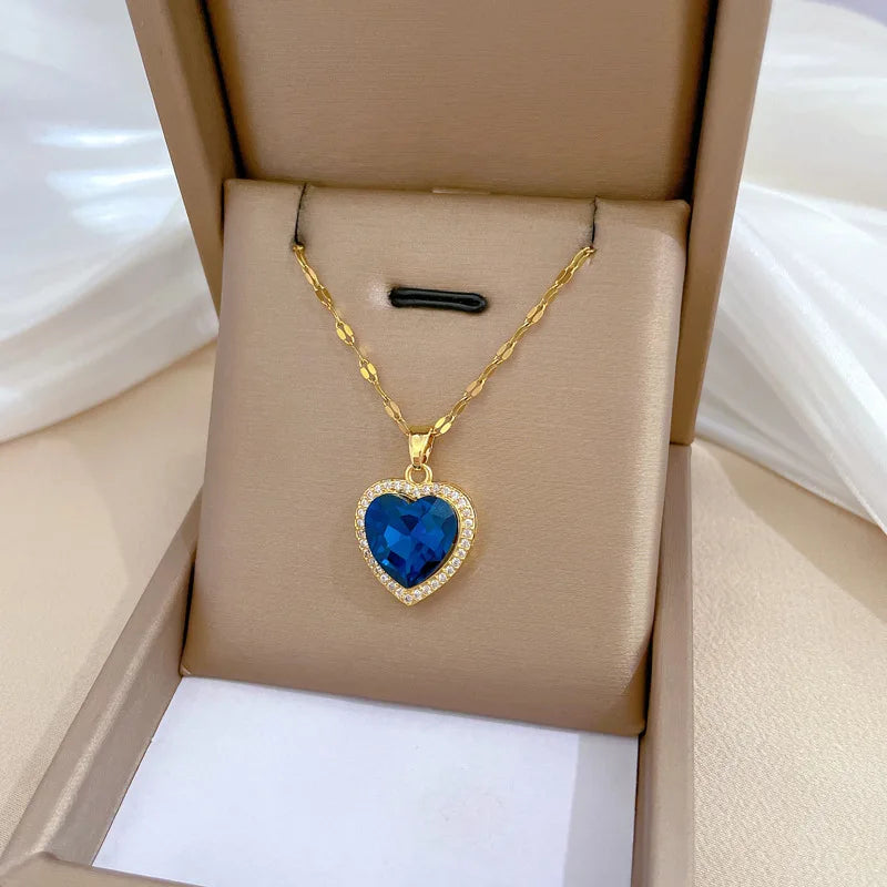 DIEYURO Heart Pendant Necklace – Blue Zircon Stainless Steel Jewelry