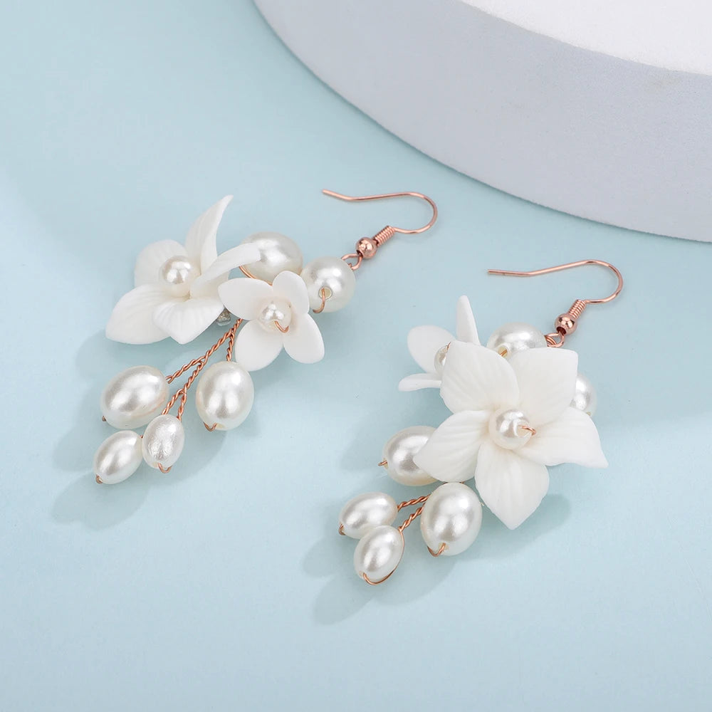 Bridal Pearl & Ceramic Flower Drop Earrings – 3 Elegant Colors