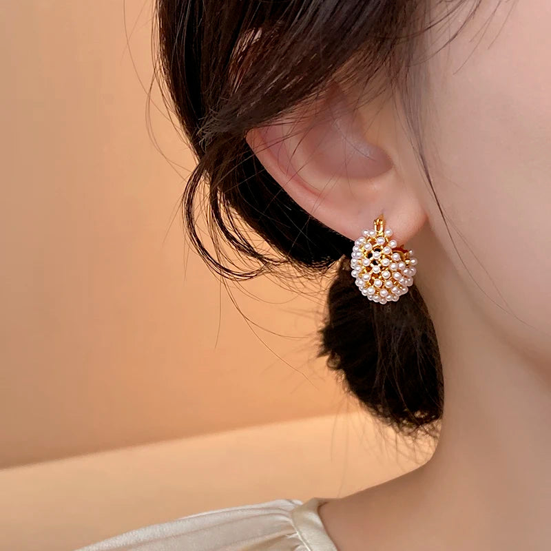 New Design Rice Pearl Embellished Metal Flower Basket Earrings