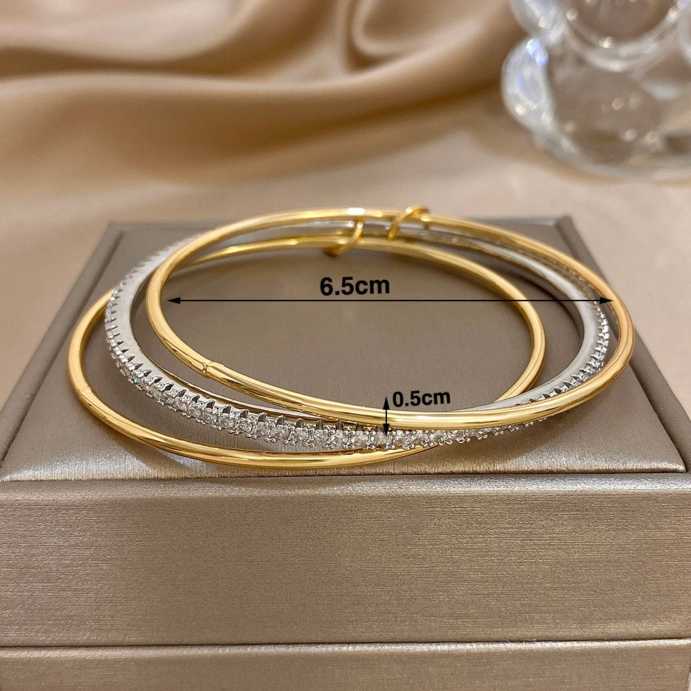 3pcs Two Tone Full Rhinestone Smooth Bangle Bracelets