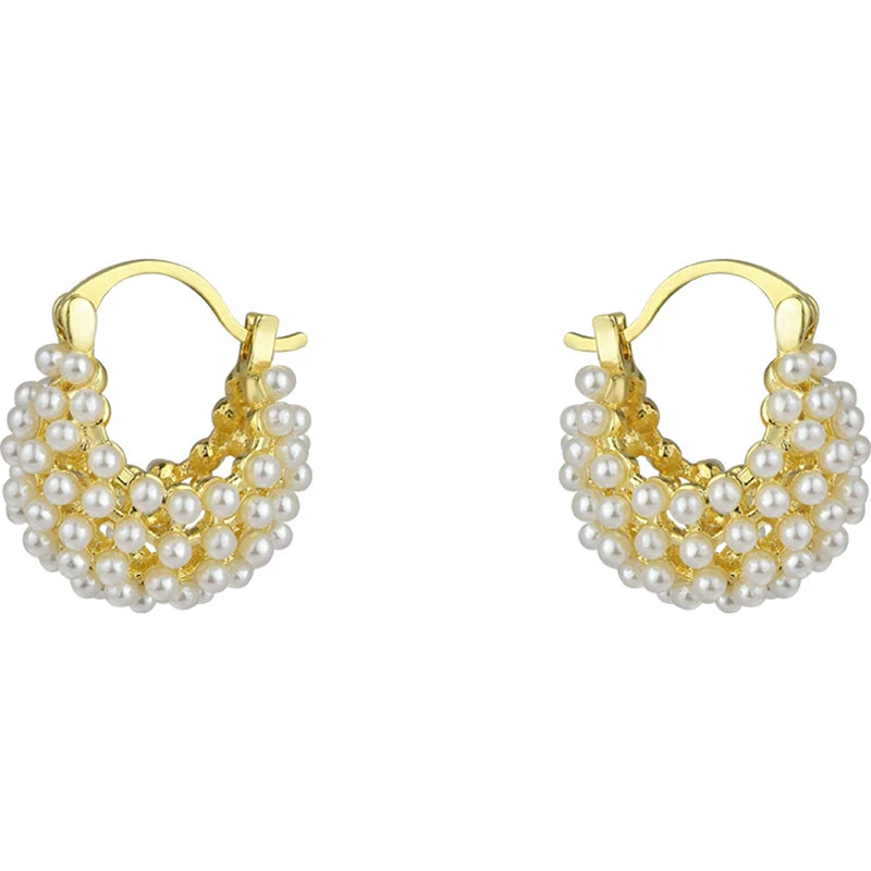 New Design Rice Pearl Embellished Metal Flower Basket Earrings