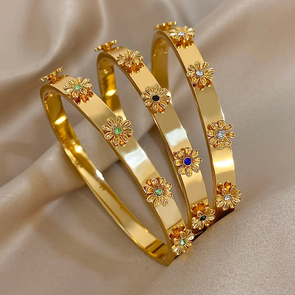 Fashion Stainless Steel Flower Inlay Rhinestone