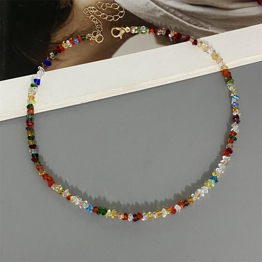 Sygune Pink Crystal Triangle Choker Necklace – Trendy Short Necklace