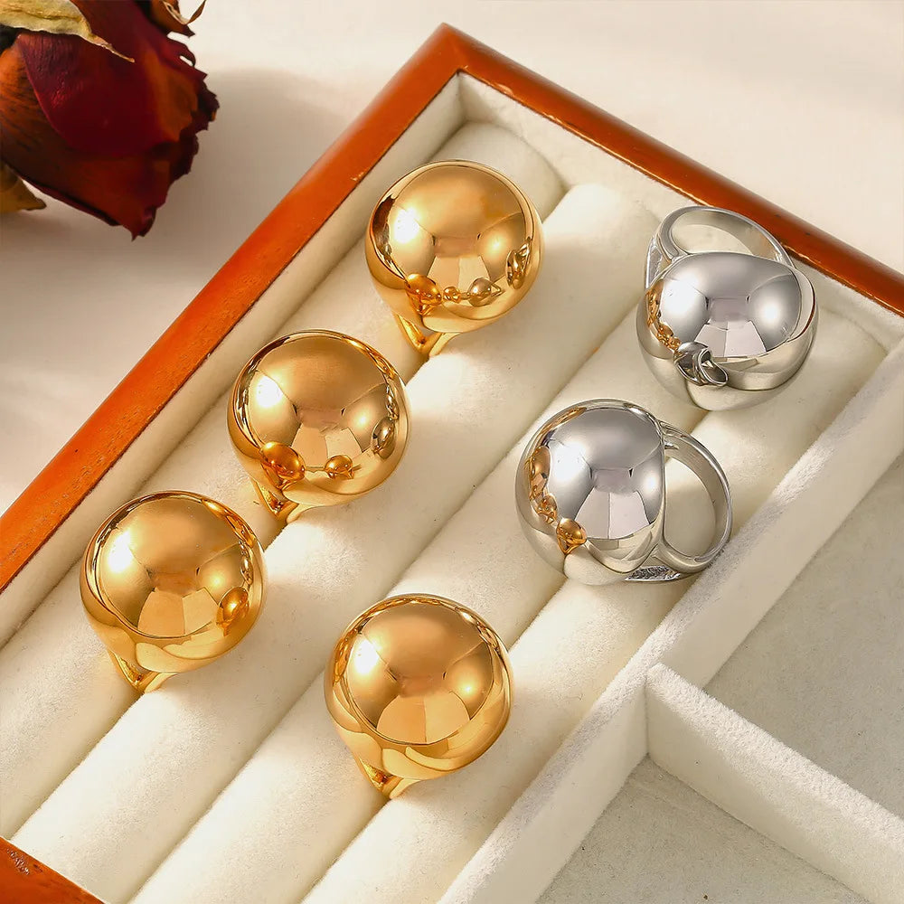 Shiny Chunky Gold-Plated Stainless Steel Ring – Big Ball Statement Jewelry for Women