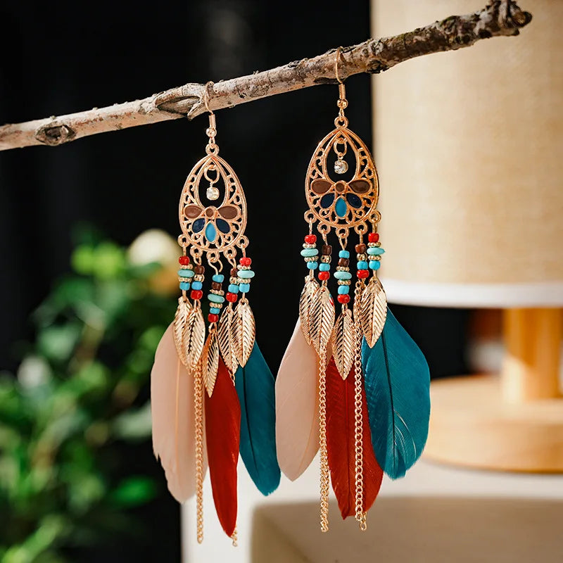 Boho Feather Leaf Tassel Drop Earrings