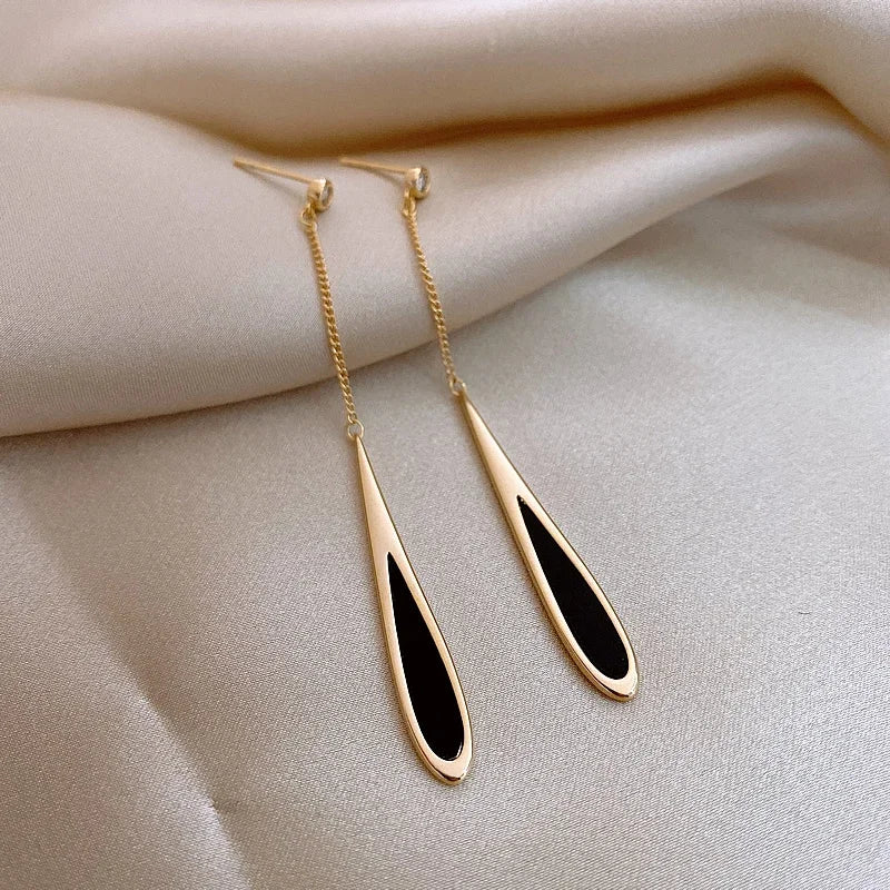 Black Drop Tassel Long Earrings