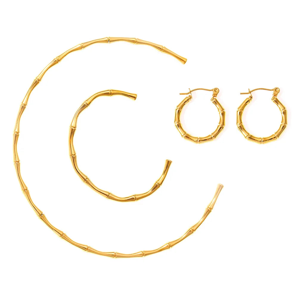 Ferris Wheel Stainless Steel Jewelry Set – Gold Plated Necklace, Bracelet & Earrings Bamboo Design for Women