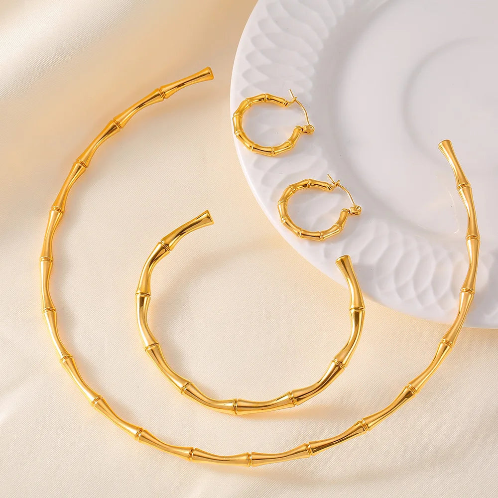Ferris Wheel Stainless Steel Jewelry Set – Gold Plated Necklace, Bracelet & Earrings Bamboo Design for Women