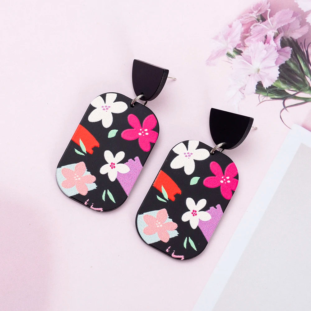 Vintage Black Floral Acrylic Drop Earrings