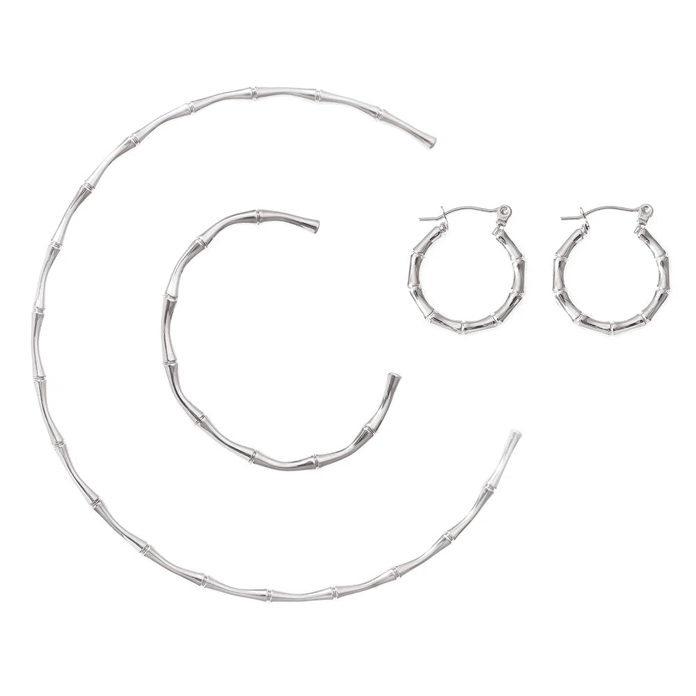 Ferris Wheel Stainless Steel Jewelry Set – Gold Plated Necklace, Bracelet & Earrings Bamboo Design for Women