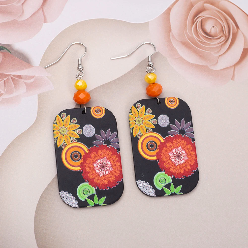 Vintage Black Floral Acrylic Drop Earrings
