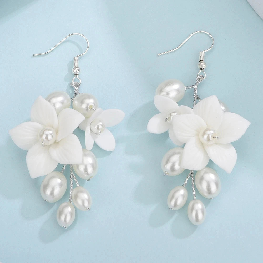 Bridal Pearl & Ceramic Flower Drop Earrings – 3 Elegant Colors