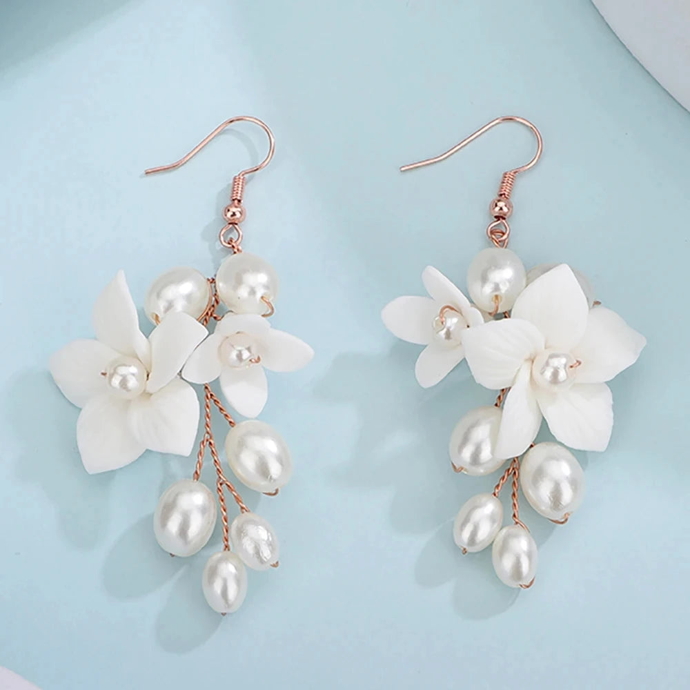 Bridal Pearl & Ceramic Flower Drop Earrings – 3 Elegant Colors