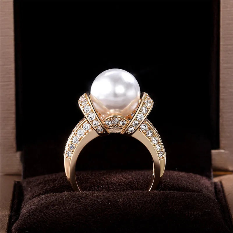 925 Sterling Silver Pearl & CZ Wedding Ring for Women – Romantic Gold Plated Engagement & Anniversary Jewelry