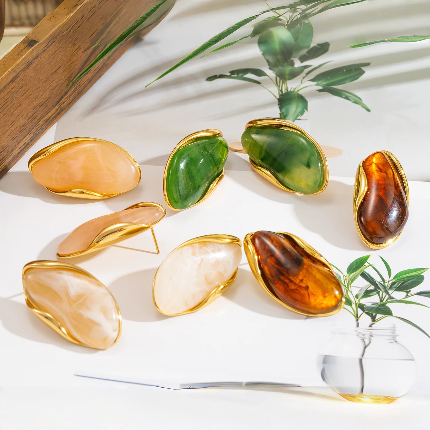 Resin Geometric Stud Earrings – Gold Plated