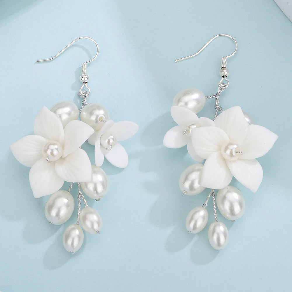 Bridal Pearl & Ceramic Flower Drop Earrings – 3 Elegant Colors