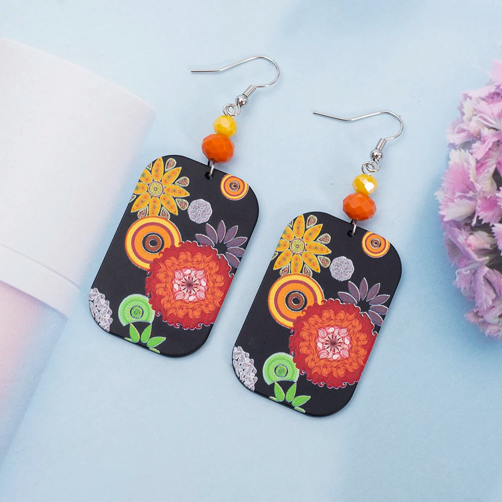 Vintage Black Floral Acrylic Drop Earrings