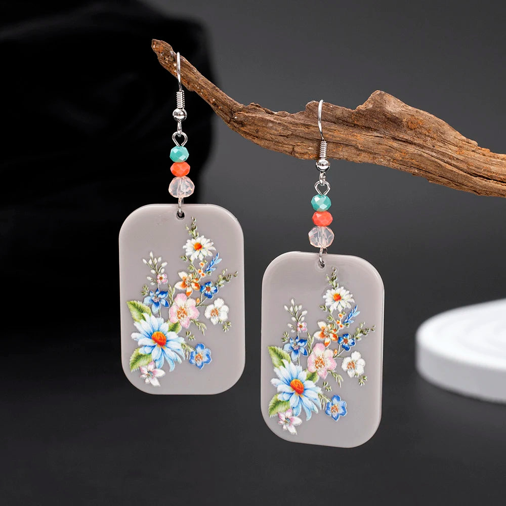 Vintage Black Floral Acrylic Drop Earrings