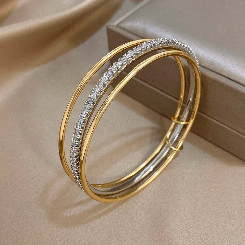 3pcs Two Tone Full Rhinestone Smooth Bangle Bracelets