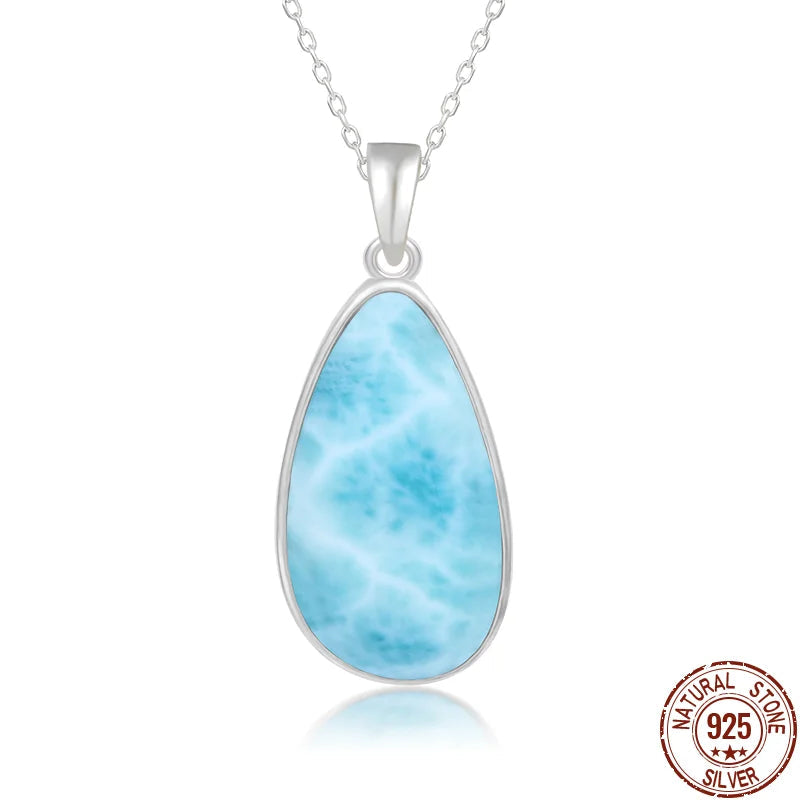 925 Sterling Silver Larimar Pendant Necklace – Classic Oval Charm, Rhodium Plated Gold Finish, Retro Women’s Jewelry Gift