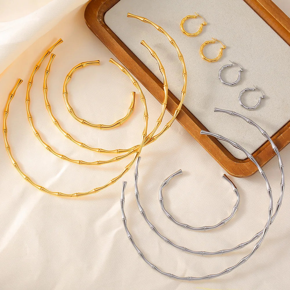 Ferris Wheel Stainless Steel Jewelry Set – Gold Plated Necklace, Bracelet & Earrings Bamboo Design for Women