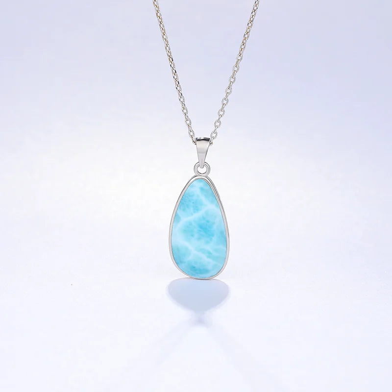 925 Sterling Silver Larimar Pendant Necklace – Classic Oval Charm, Rhodium Plated Gold Finish, Retro Women’s Jewelry Gift