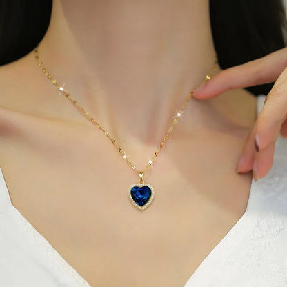 DIEYURO Heart Pendant Necklace – Blue Zircon Stainless Steel Jewelry