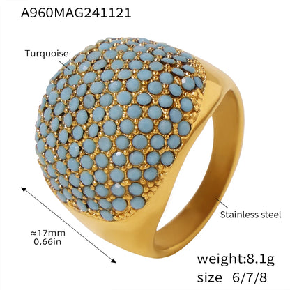 Liora Turquoise & CZ Band – 18K Gold Plated 316L Stainless Steel Ring for Women