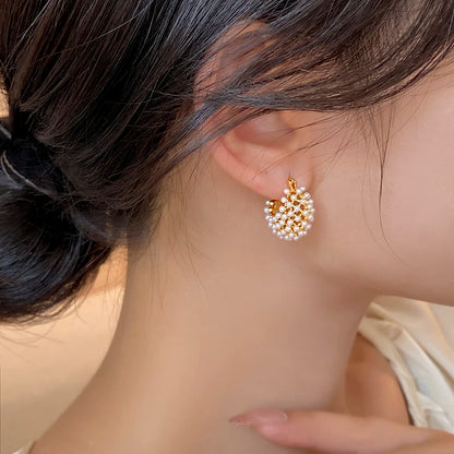 New Design Rice Pearl Embellished Metal Flower Basket Earrings