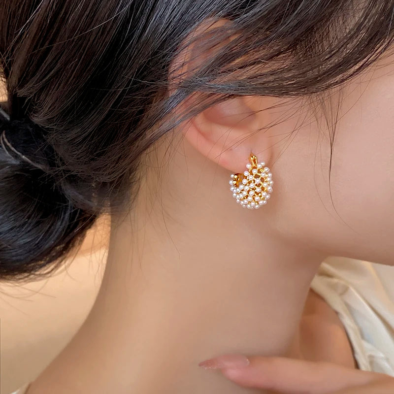 New Design Rice Pearl Embellished Metal Flower Basket Earrings