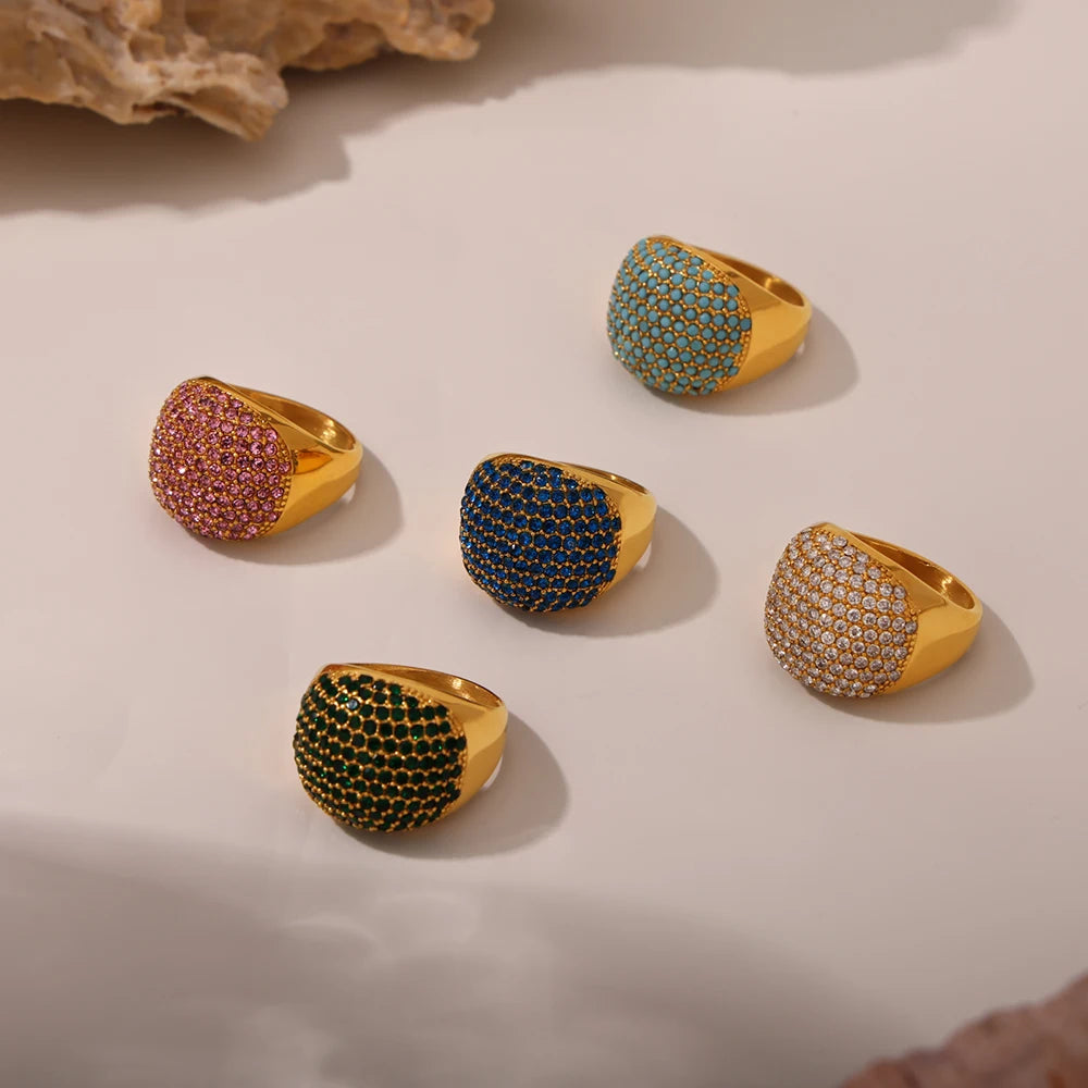 Liora Turquoise & CZ Band – 18K Gold Plated 316L Stainless Steel Ring for Women