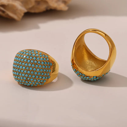 Liora Turquoise & CZ Band – 18K Gold Plated 316L Stainless Steel Ring for Women