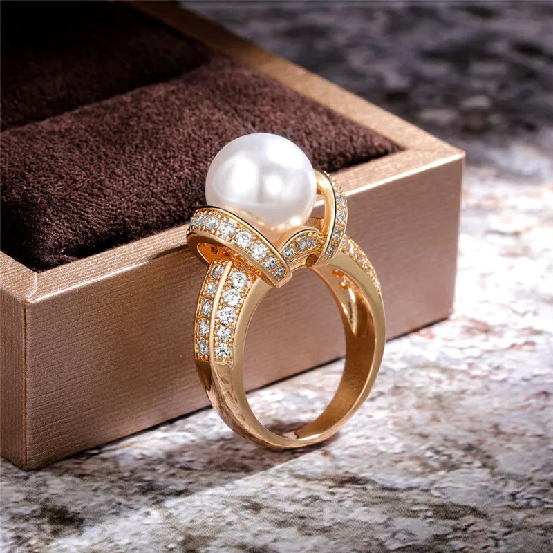 925 Sterling Silver Pearl & CZ Wedding Ring for Women – Romantic Gold Plated Engagement & Anniversary Jewelry