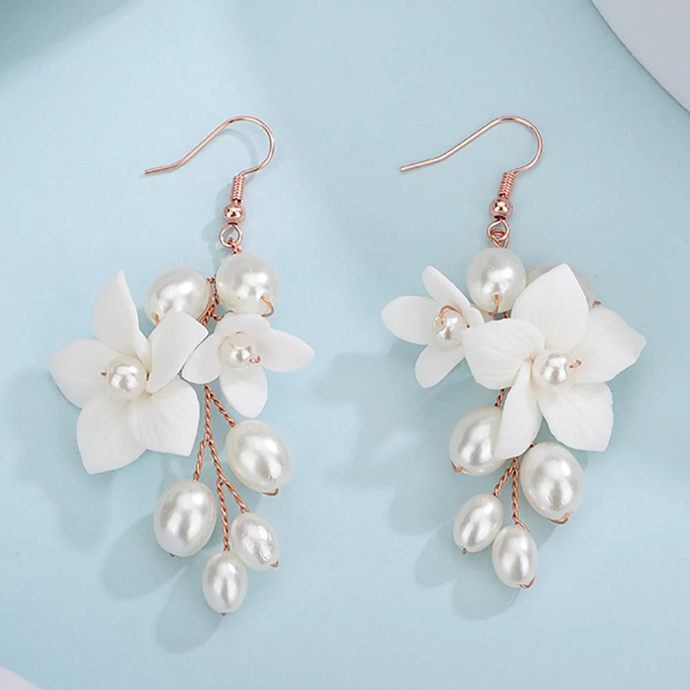 Bridal Pearl & Ceramic Flower Drop Earrings – 3 Elegant Colors