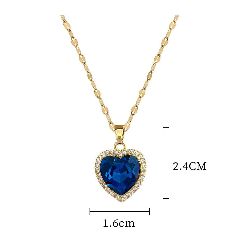 DIEYURO Heart Pendant Necklace – Blue Zircon Stainless Steel Jewelry