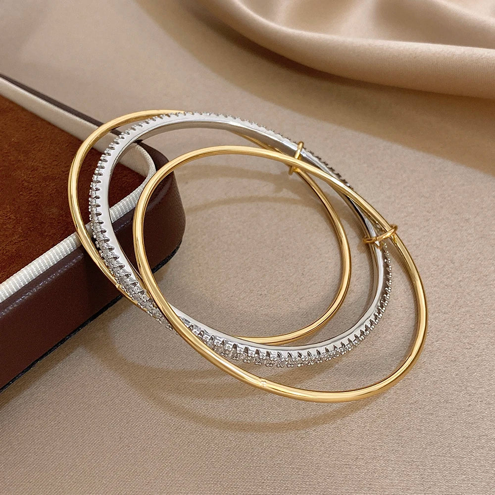 3pcs Two Tone Full Rhinestone Smooth Bangle Bracelets