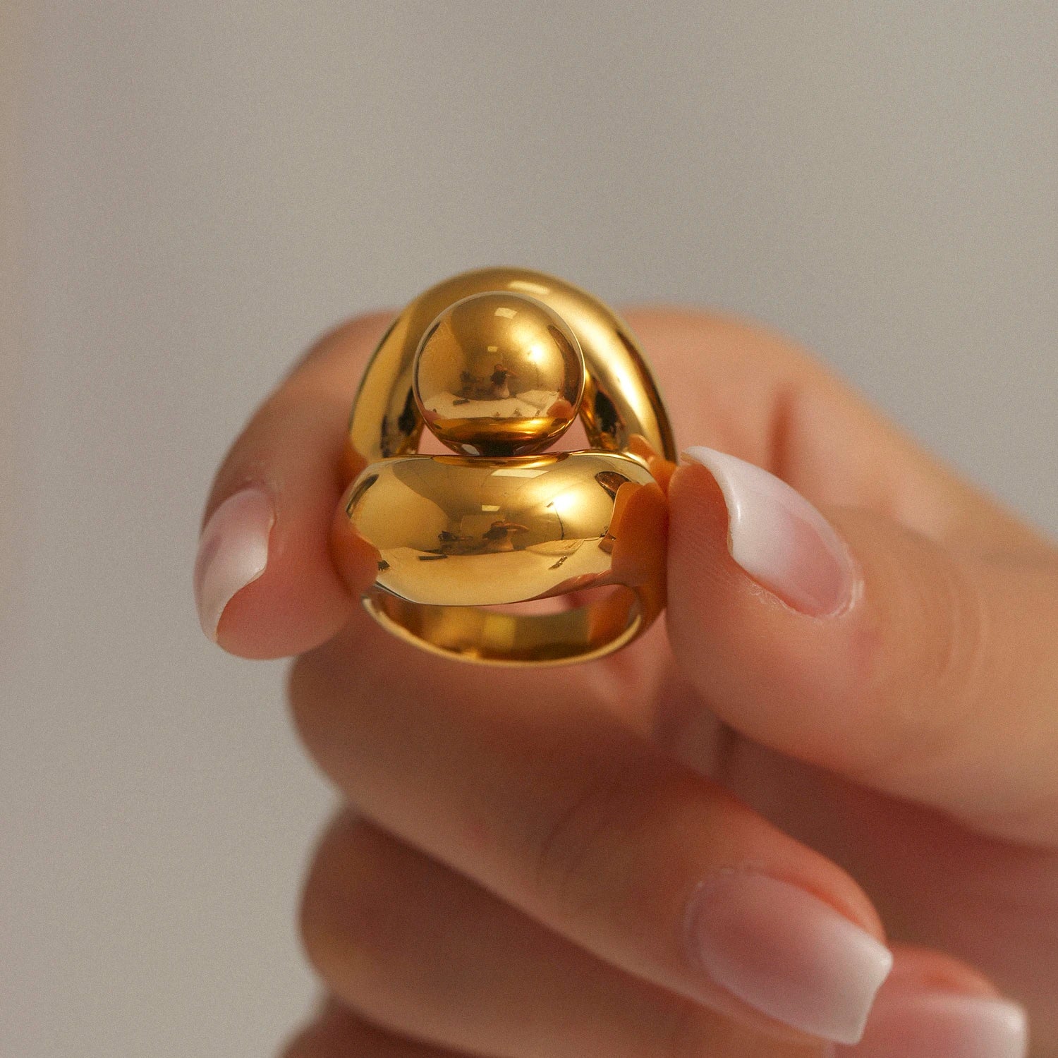 18K Gold Hollow Sphere Statement Ring – Stainless Steel