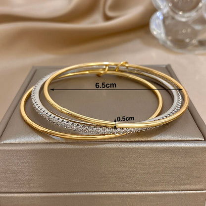 3pcs Two Tone Full Rhinestone Smooth Bangle Bracelets