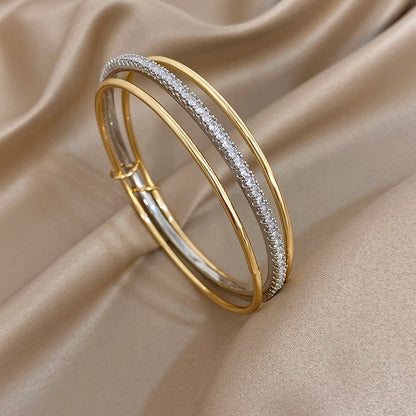 3pcs Two Tone Full Rhinestone Smooth Bangle Bracelets