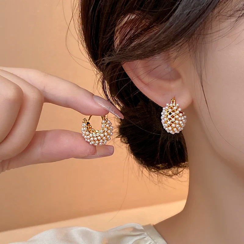 New Design Rice Pearl Embellished Metal Flower Basket Earrings