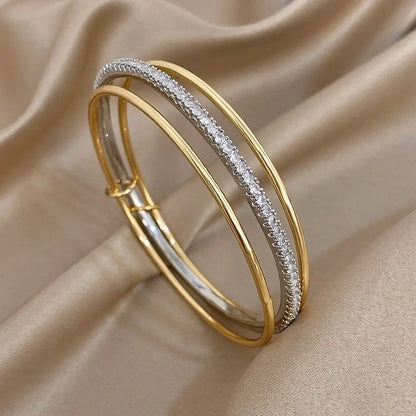 3pcs Two Tone Full Rhinestone Smooth Bangle Bracelets