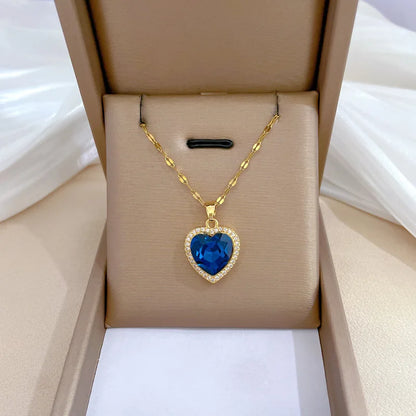 DIEYURO Heart Pendant Necklace – Blue Zircon Stainless Steel Jewelry