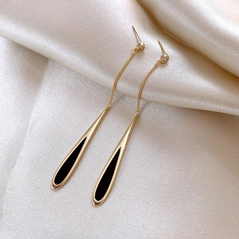 Black Drop Tassel Long Earrings