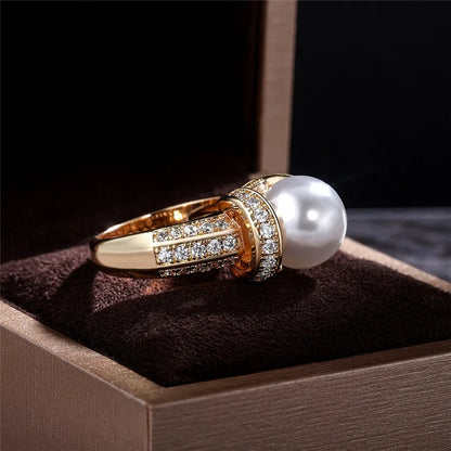 925 Sterling Silver Pearl & CZ Wedding Ring for Women – Romantic Gold Plated Engagement & Anniversary Jewelry