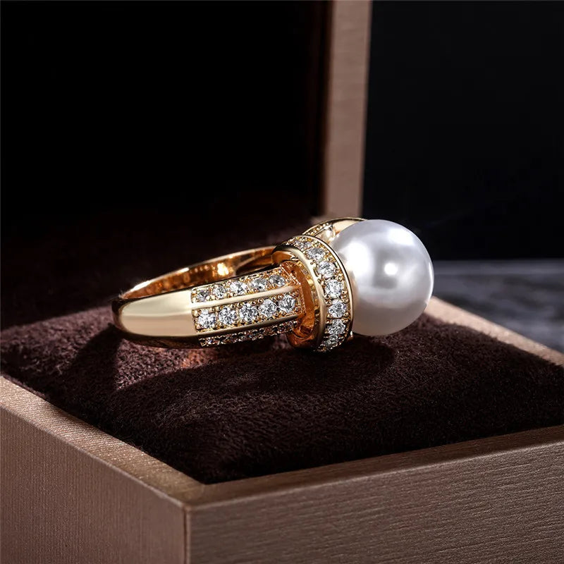 925 Sterling Silver Pearl & CZ Wedding Ring – Gold Vermeil Finish