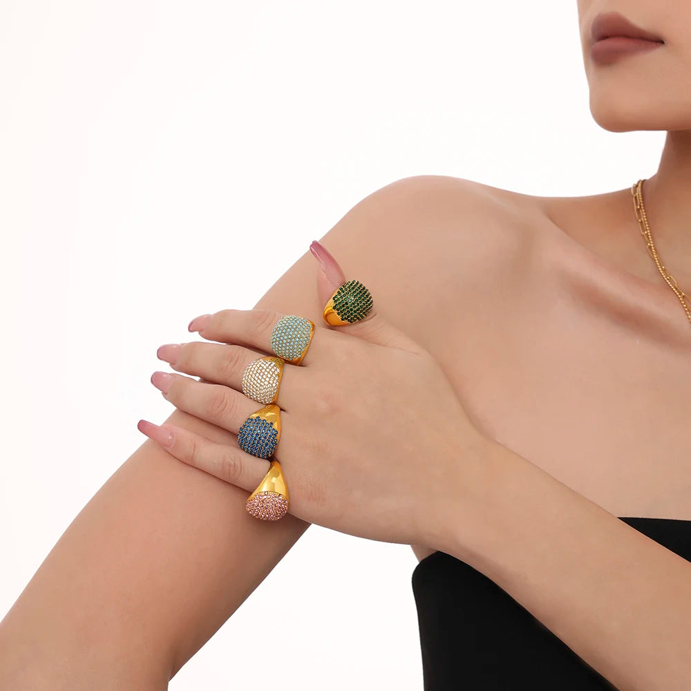 Liora Turquoise & CZ Band – 18K Gold Plated 316L Stainless Steel Ring for Women