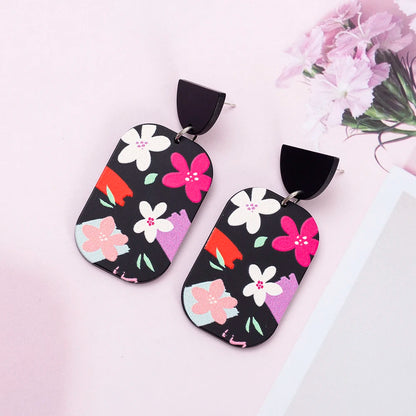 Vintage Black Floral Acrylic Drop Earrings